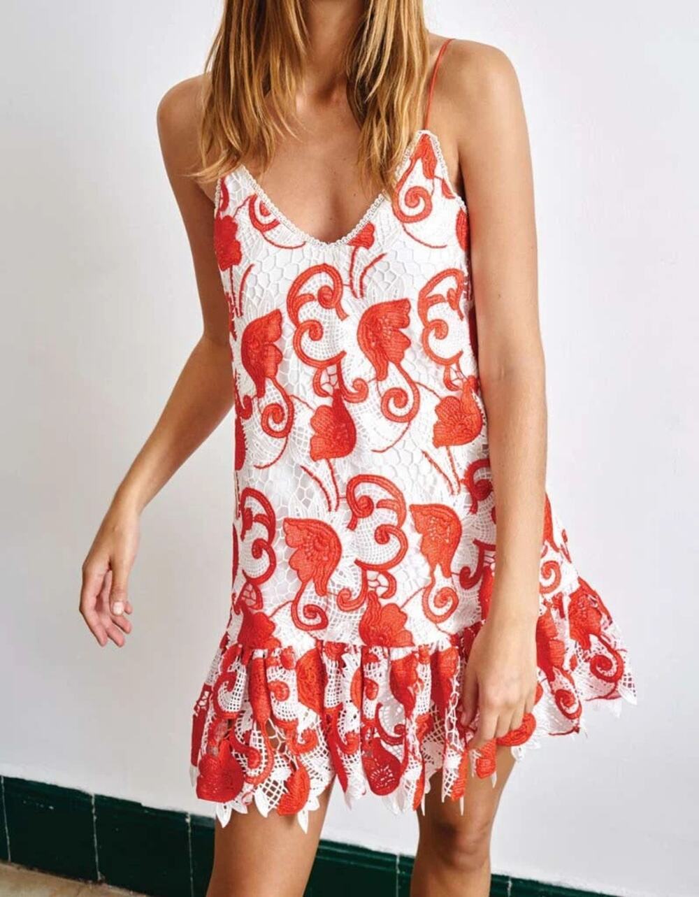 ALEXIS Clement Lace Mini Dress White & Ruby Red Embroidery Sz Small